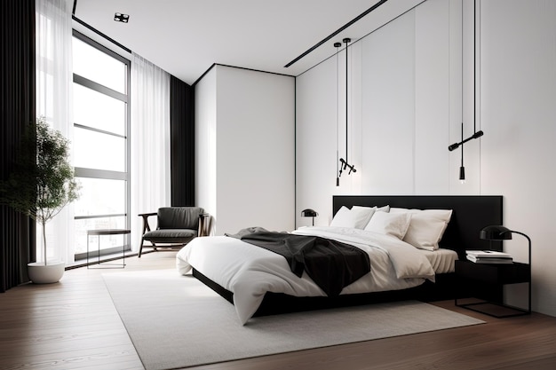 Minimalist bedroom with black furniture and white bedding