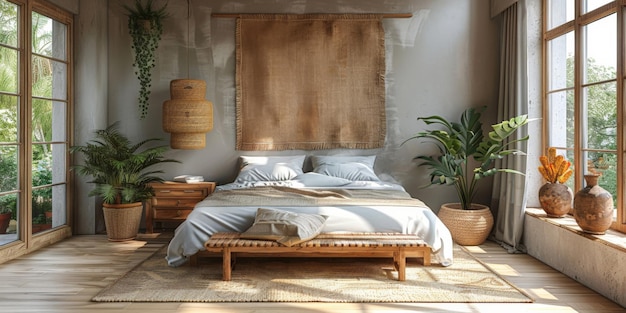 Minimalist bedroom with a large bed wooden headboard near built in wardrobe floortoceiling windows