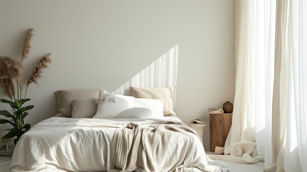 Minimalist bedroom with neutral tones plush bedding and soft lighting creating a serene sanctuary
