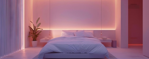 パステル色のベッドレットと柔らかい照明を備えたミニマリストのベッドルームで,落ち着いた囲気