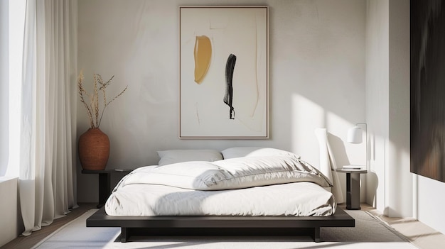 플랫폼 침대 와 추상적 인 예술 을 가진 미니멀리즘 침실