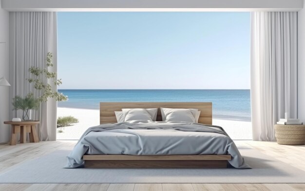 Photo minimalist bedroom with a view of the ocean