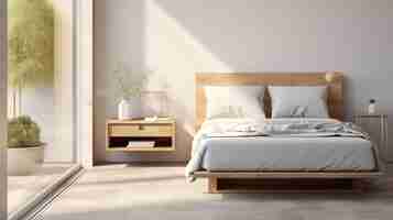 Photo minimalist bedroom with wooden accents and highquality bedding
