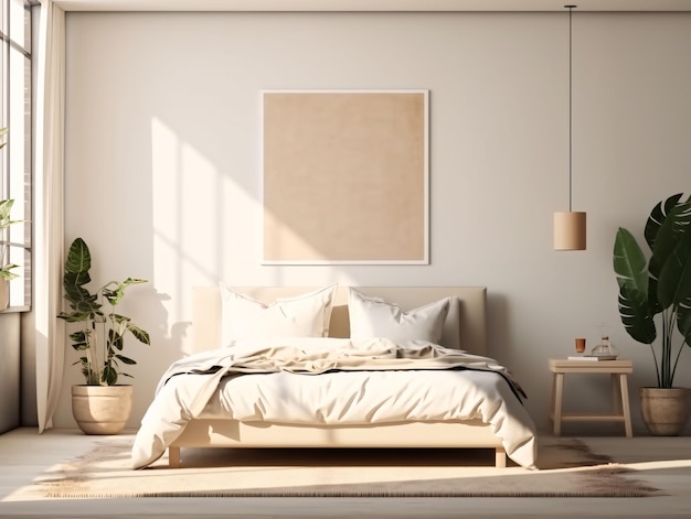 Minimalist Beige Bed Room Interior Design with Blank White Picture Frame Mockup Generative AI