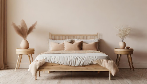 Minimalist beige boho bedroom with empty whate wall for mockups Wooden double bed with pillows cozy