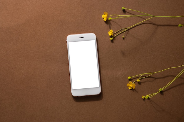 Composizione minimalista beige marrone vita con fiori di campo e tecnologia telefono cellulare fiore giallo e...