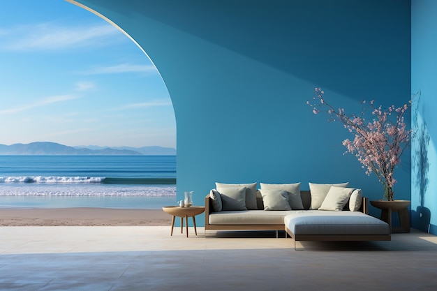 Minimalist big blue room with ocean view AI generative