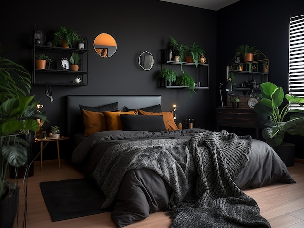 Minimalist black bedroom interior with dark hues AI Generated