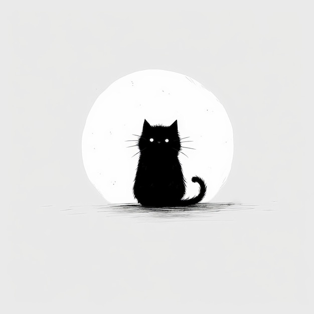 Minimalist Black Cat Illustration in the Moonlight