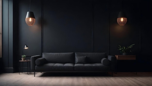 A minimalist black interior with a black sofa