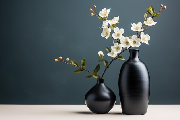 Минималистическая черная ваза с одним белым цветом, изолированным на сером градиенте