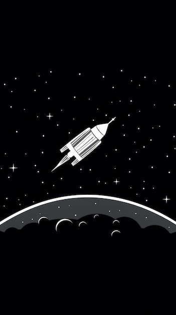 A minimalist black and white drawing of a spaceship flying through space