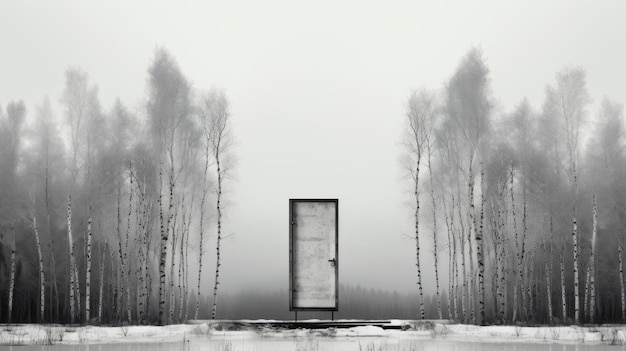 Minimalist Black And White Image Of A Door In A Forest