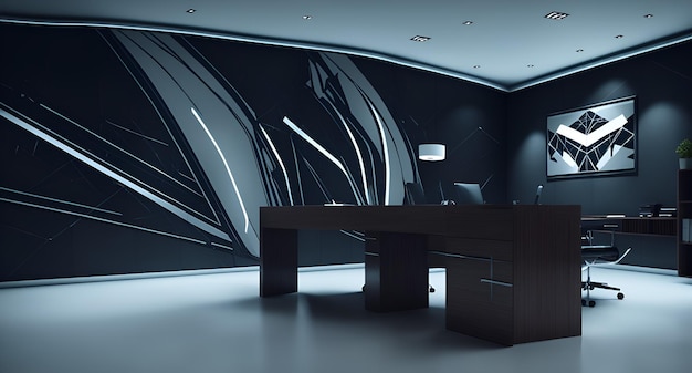 A minimalist black and white office with a sleek desk and comfortable chair