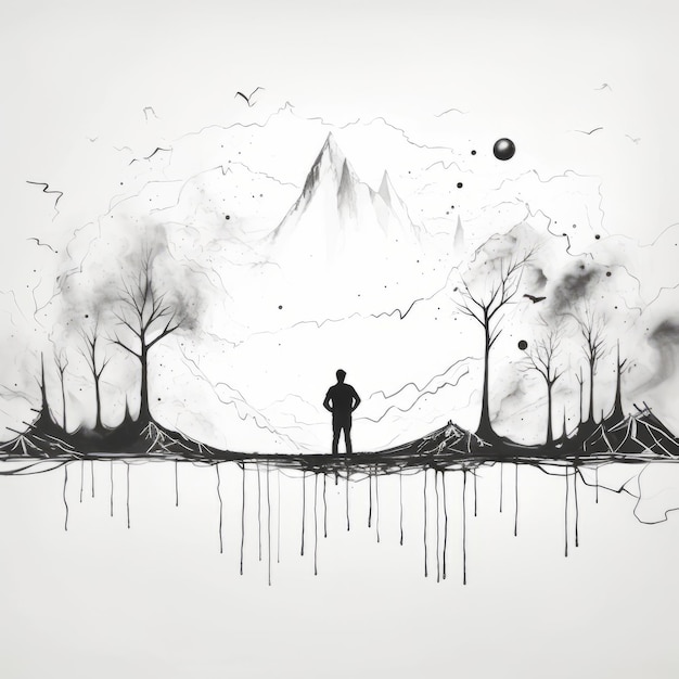 Photo minimalist black and white youtube drawing with surreal 3d landscapes