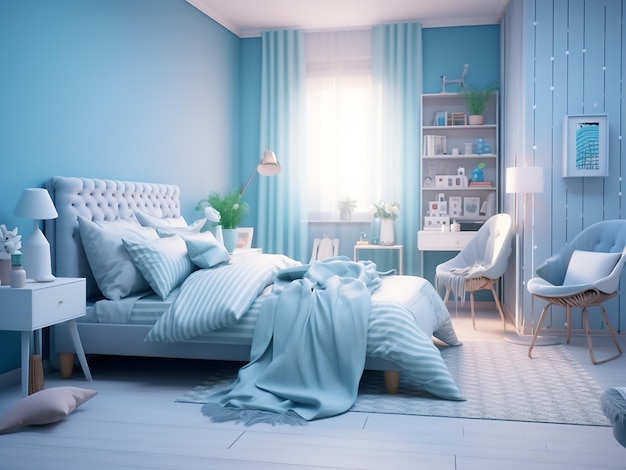 미니멀한 파란색 침실 인테리어는 밝은 색조로 인공지능으로 만들어졌습니다.