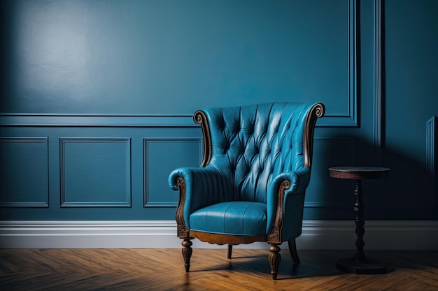 Photo minimalist blue chair on a wooden floor generative ai