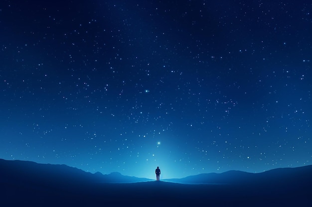 Minimalist blue gradient with subtle silhouette of lone figure gazing at stars