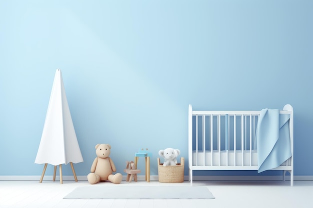 소년 또는 소녀를 위한 미니멀리스트 파란색 유치실 아기 방 인테리어 부드러운 파스텔 색상 스칸디나비아 스타일