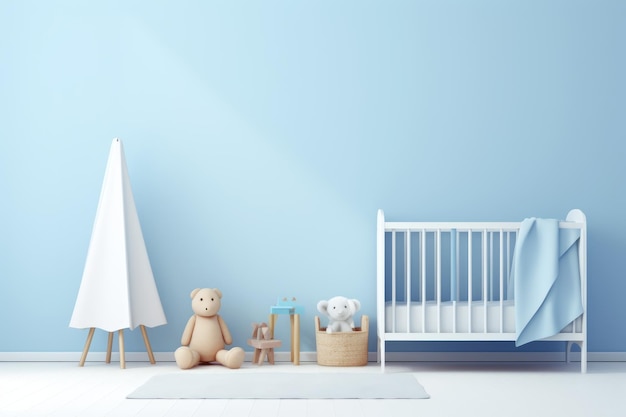 Minimalist blue nursery room for boy or girl Baby room interior in soft pastel colors scandinavian style