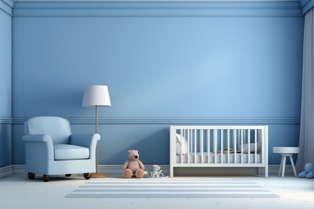 Minimalist blue nursery room for boy or girl Baby room interior in soft pastel colors scandinavian style