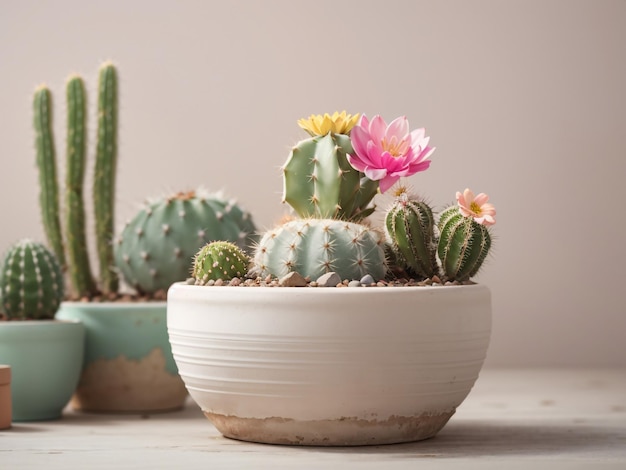 Minimalist Cactus Plant and Flowers in Clay Pot