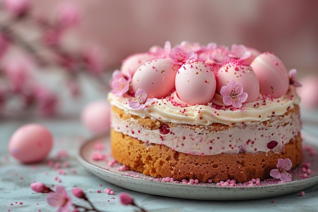 Minimalist Cake and Decorated Eggs Adorn the Festive Table