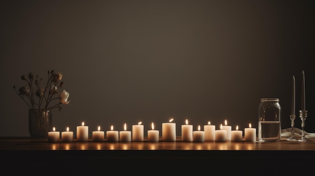 Minimalist candles scene on wooden table uhd image