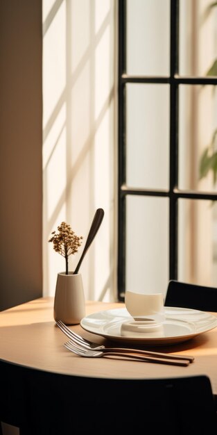 Photo minimalist ceramic plate with flowers on dining table