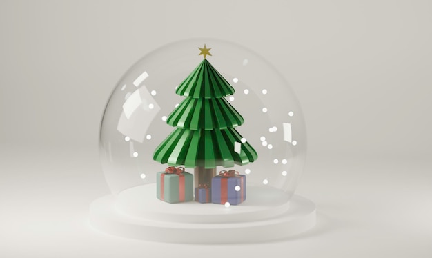 ミニマリスト の クリスマス ツリー と プレゼント が 祝祭 の 雪球 に 包まれ て いる