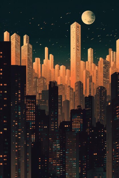 A minimalist cityscape at night AI generated illustration