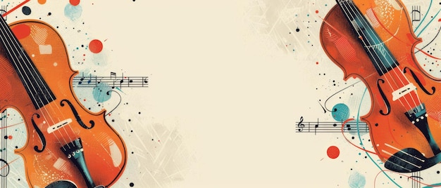 Foto tema di musica classica minimalista con violini geometrici e partiture musicali border