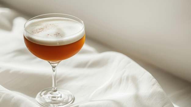 Minimalist Cocktail with Frothy Top on White Silky Fabric