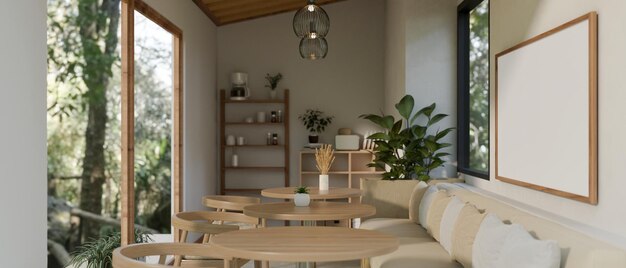 A minimalist coffee shop or restaurant seating area with wooden tables wooden chairs couch