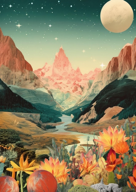 Minimalist collage of stars planet high rocks river and plants fragmented planes collagestyle