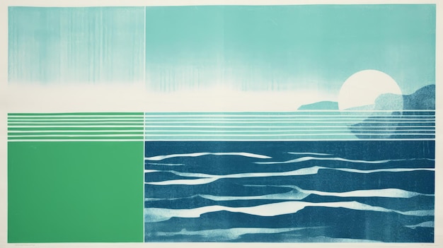 Minimalist Color Fields A Graphic Beach Scene In Green And Blue