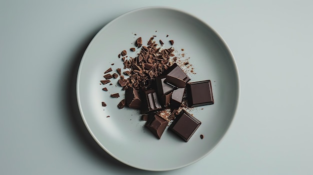 A minimalist composition of dark chocolate pieces on a plain white plate with chocolate shavings