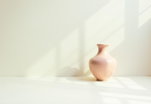 Minimalist composition featuring a glossy ceramic vase against a soft sunlit background with elegant shadows