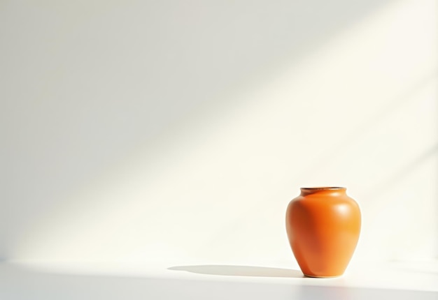 Minimalist composition featuring a glossy ceramic vase against a soft sunlit background with elegant shadows