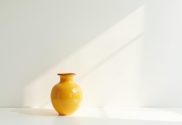 Minimalist composition featuring a glossy ceramic vase against a soft sunlit background with elegant shadows