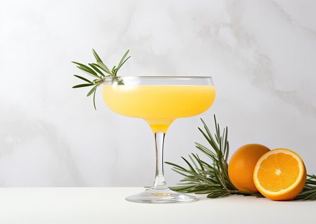 Foto una composizione minimalista di un cocktail grand mimosa su uno sfondo bianco con una singola arancia