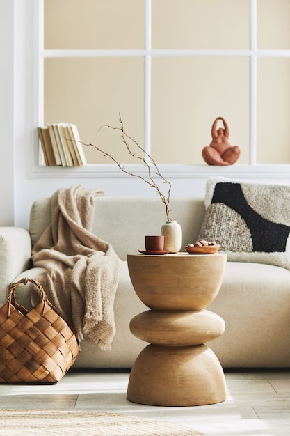 Minimalist composition of living room interior with neutral sofa, design wooden side table, dried flower in vase, pillow, window, decoration and elegant personal accessoires in home decor.