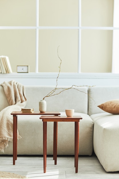 Minimalist composition of living room interior with neutral sofa, design wooden side table, dried flower in vase, pillow, window, decoration and elegant personal accessoires in home decor.