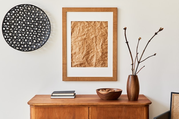 Minimalist composition of living room with brown mock up
picture frame, plant, retro armchair, dried tropical leaf,
decoration and elegant personal accessories in stylish home decor.
template.