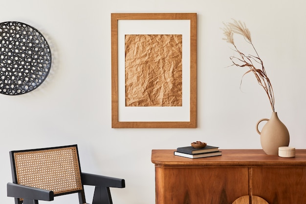 Minimalist composition of living room with brown mock up picture frame, plant, retro armchair, dried tropical leaf, decoration and elegant personal accessories in stylish home decor. Template.