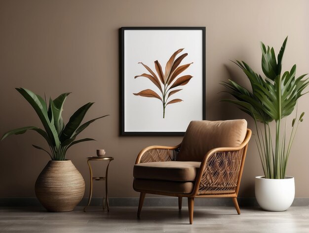 Minimalist composition of living room with brown mock up picture frame plant retro armchair