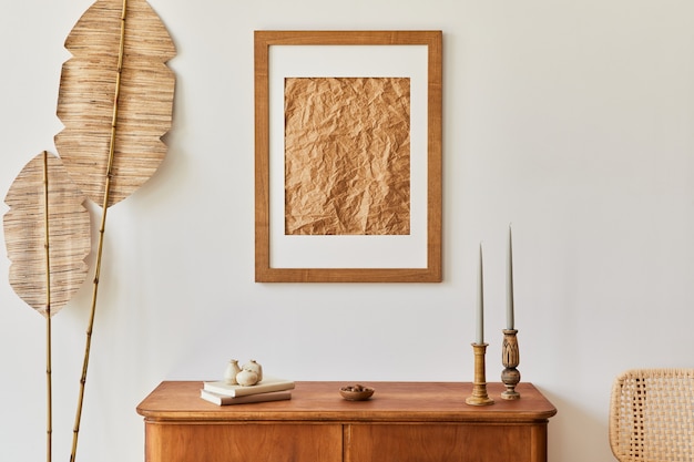 Composizione minimalista del soggiorno con cornice marrone finta, pianta, comò retrò, decorazione ed eleganti accessori personali in un elegante arredamento per la casa. modello.