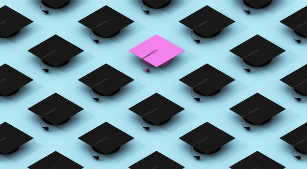 Photo minimalist composition pattern with black graduation caps and one pink on a blue