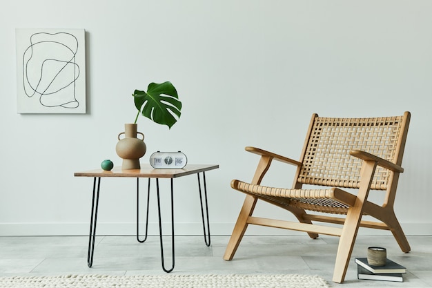 Минималистичная концепция интерьера гостиной с креслом из ротанга, журнальным столиком из орехового дерева, тропическим листом в вазе, часами