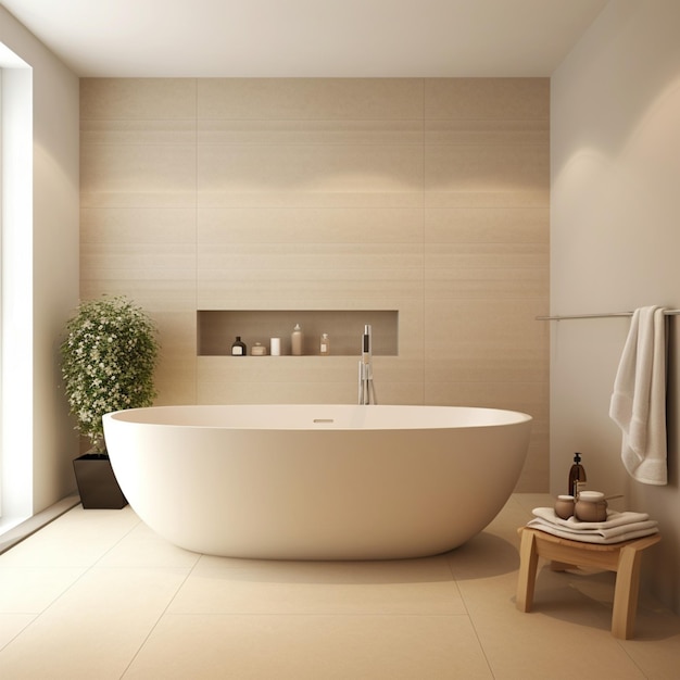 Minimalist concept Solid beige tone bathtub interior